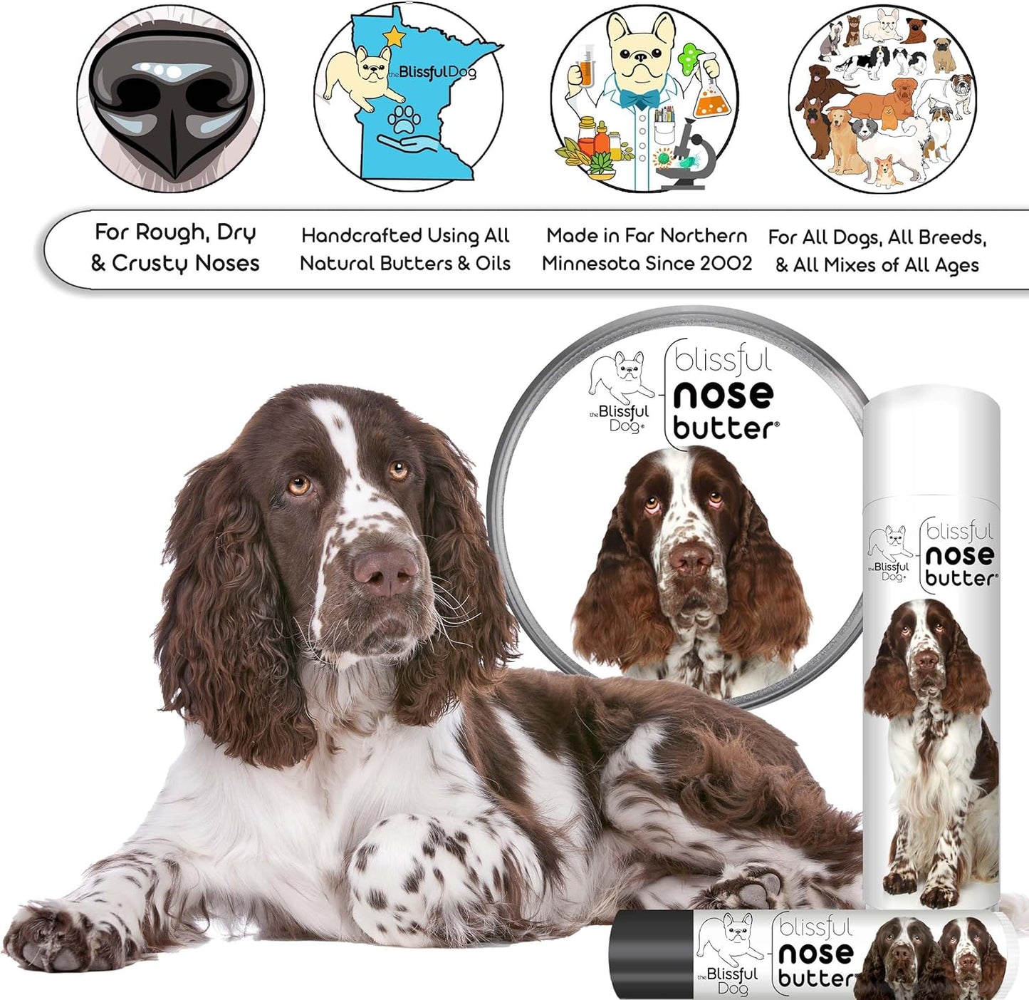 The Blissful Dog Springer Spaniel Nose Butter, Versatile Dog Nose Balm for Dry Nose, Handcrafted Nose Moisturizer, Easy-to-Apply Dog Essentials, Unscented, 8 oz.
