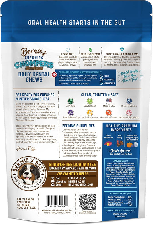 Bernie's Charming Chompers - Daily Dental Chews for Dogs 5-15 Lbs. - 22 Count - Cleans Teeth, Freshens Breath, + Boosts Oral-Gut Microbiome. Easy to Digest, Supports Healthy Digestion Naturally