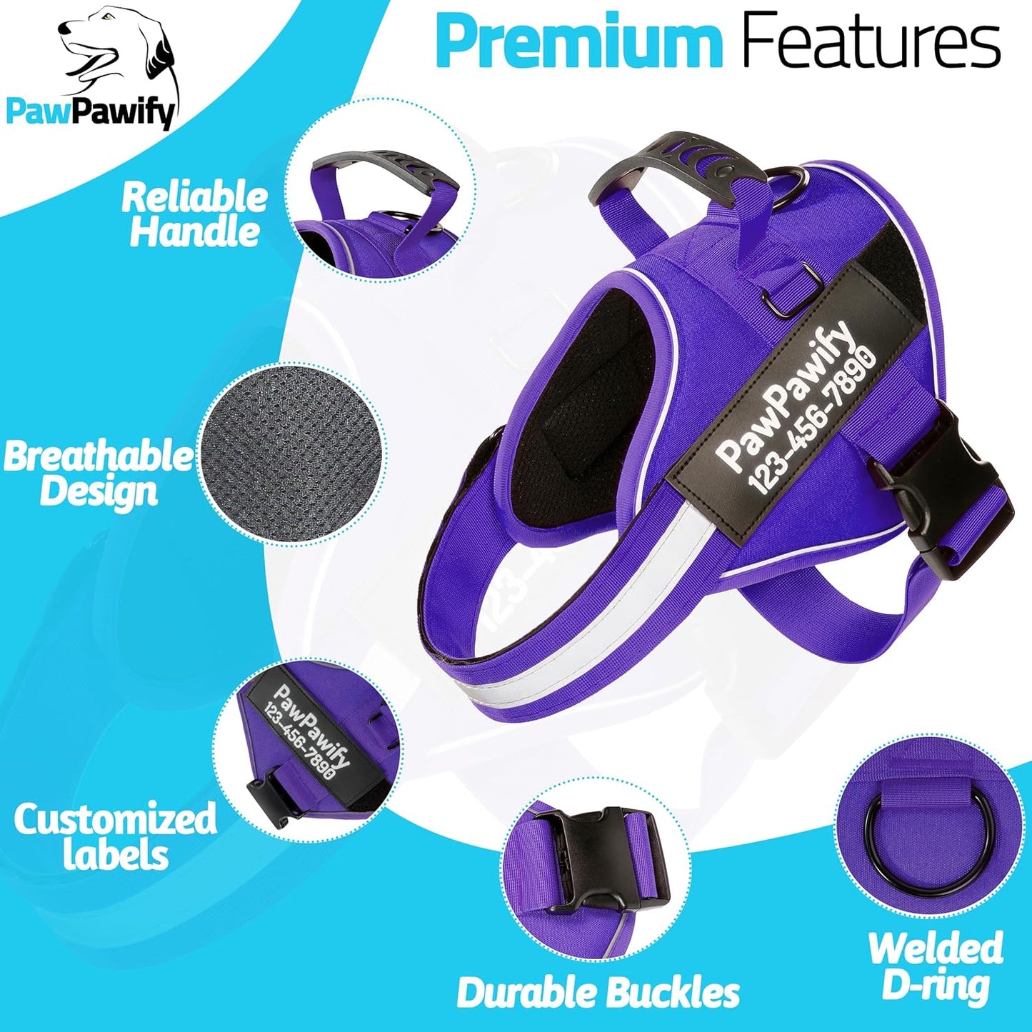 PawPawify Custom No Pull Dog Harness with Name and Phone Number, Heavy Duty Personalized Pet Vest to Prevent Tugging, Pulling, or Choking, Training and Walking (New Purple, XL (60-85 LBS))