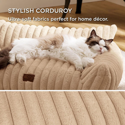 Bedsure Cute Cat Couch for Pets - Fluffy Cat Sofa with Premium Soft Corduroy Fleece, Fuzzy Pet Couch Bed with Removable Washable Cover, Supportive Pet Chair for Indoor Cats, 24inch, Tuscan Beige