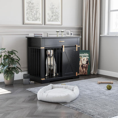 LZUUOB 37.8'' Dog Crate Furniture with Storage Drawer, Decorative Wooden Dog Kennel with Sliding Barn Door, Indoor Water Resistant Cage for Pet, Small, Medium, Large Dog (Black Gold Oak)