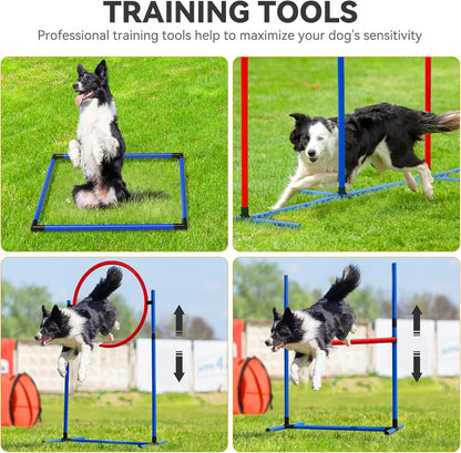 YITAHOME Dog Agility Training Equipment Set with 2 Flexible Tunnels, 2 Hurdles, Jump Ring, 6 Weave Poles, Pause Platform, Teaser Pole, 3 Flying Discs, and Carry Bags for Indoors Outdoors, Orange/Blue