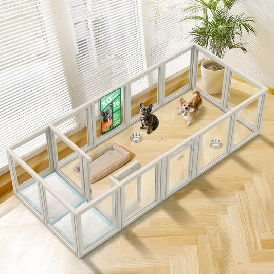 FXW AuraSpace Acrylic Indoor Unleashed Dog Playpen for Small and Medium Dogs, 30 Inch, 16 Panels, White