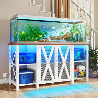 DWVO 75-120 Gallon Aquarium Stand with Power Outlet & LED Light, Cabinet for Accessories Storage - Heavy Duty Metal Fish Tank Stand Suitable for Turtle Tank, Reptile Terrarium, 2000LBS Capacity, White