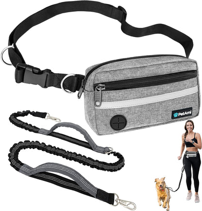 PetAmi Hands Free Dog Leash, Running Leash Belt Walking, Jogging, Waist Zipper Pouch with Poop Bag Dispenser, Dual Padded Handles, Reflective Durable Bungee Single, Heather Grey, 1 Leash