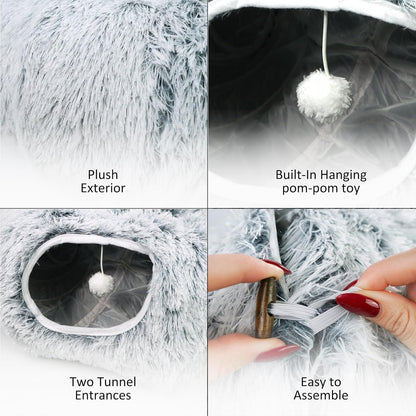 Cat Donut Bed with Washable Cushion – Cat Caves for Indoor Cats – Collapsible Donut Bed with Peekaboo Pet Tunnel & Tunnel Toy – Cozy Hideout for Kittens, Ferrets, Rabbits & Dogs – Grey