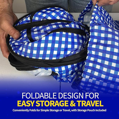Pet Fit For Life Extra Large Cat Carrier for Travel - Foldable & Portable Collapsible Kennel with Litter Box, Feather Toy & Water/Food Bowl - Ideal for Cars, Long Trips & Indoor Cats - Blue Checkers