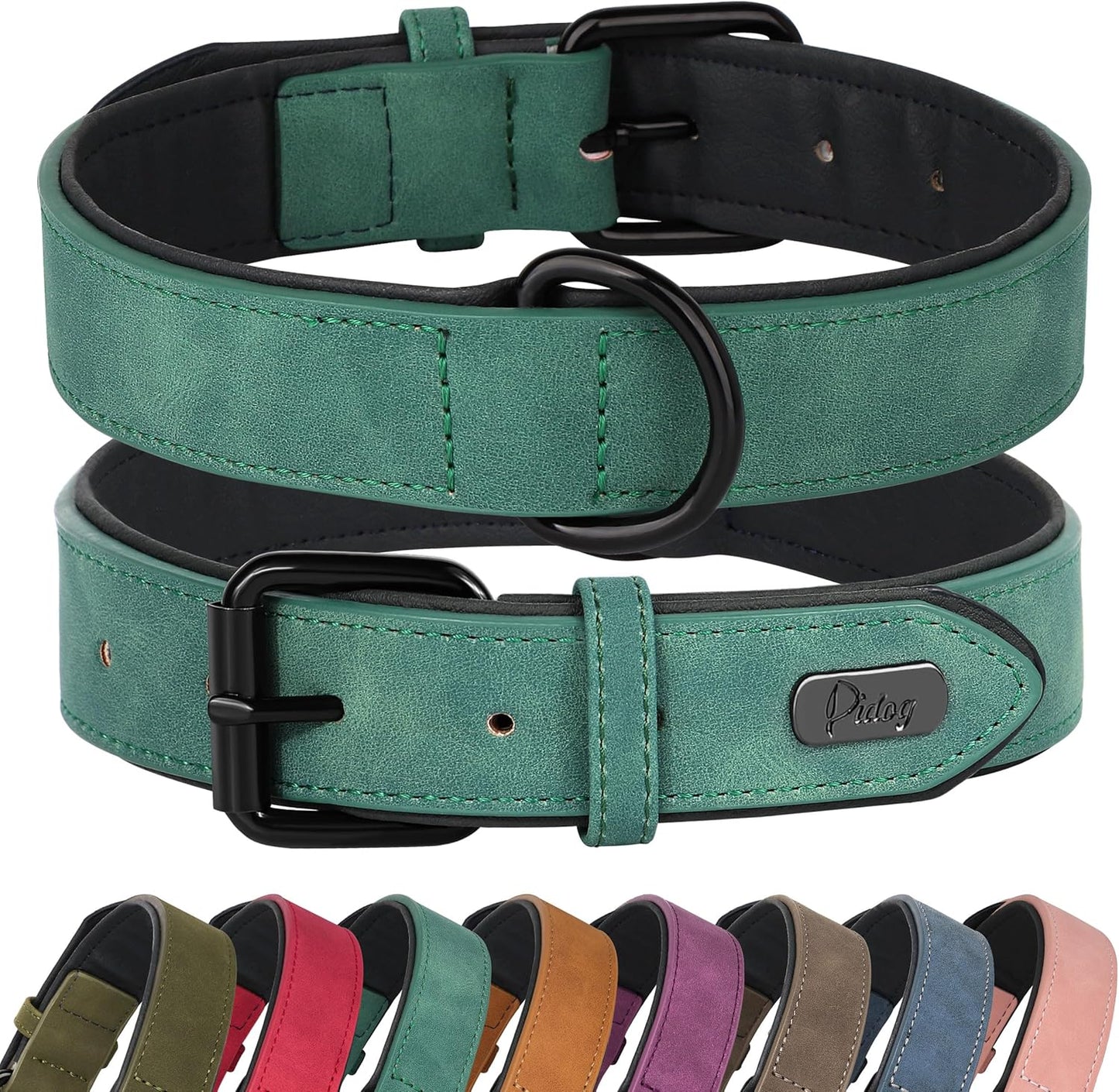 Didog Soft Padded PU Leather Dog Collar, Breathable and Adjustable Dog Collars for Medium Dogs, Comfortable for Daily Walk, Green, L Fit Neck 13-17"(22-44 lbs)