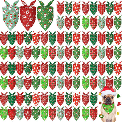100 Pcs Christmas Dog Bandanas Bulk Xmas Santa Snowflakes Bandanas Adjustable Soft Bibs Triangle for Small Medium Large Pets Holiday Party Costume