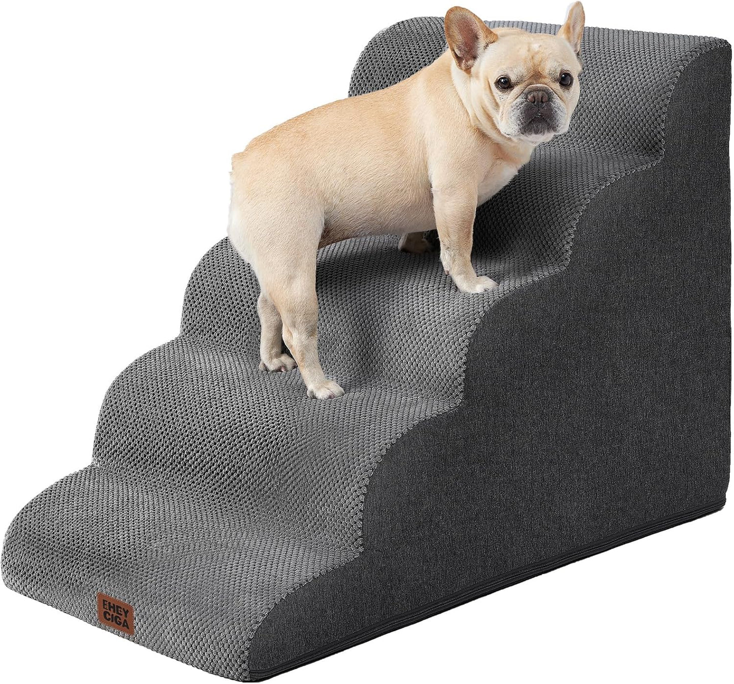EHEYCIGA Curved Dog Stairs Ramp for High Beds, 5-Step Extra Wide Dog Steps for Small Dogs and Cats, Pet Stairs for High Bed Climbing, Non-Slip Balanced Pet Step Indoor, Grey