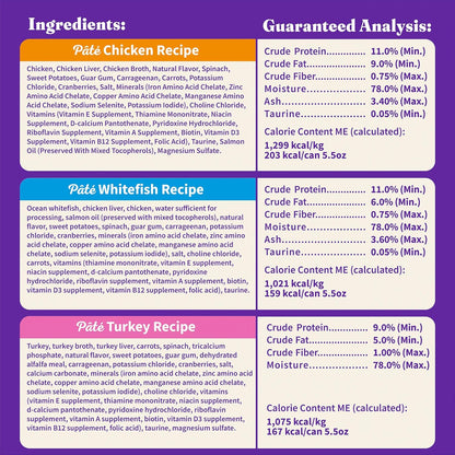 Halo Wet Cat Food Variety Pack, Three Canned Wet Cat Pate, Chicken, Turkey & Whitefish, 5.5 Oz Can (Pack of 12)