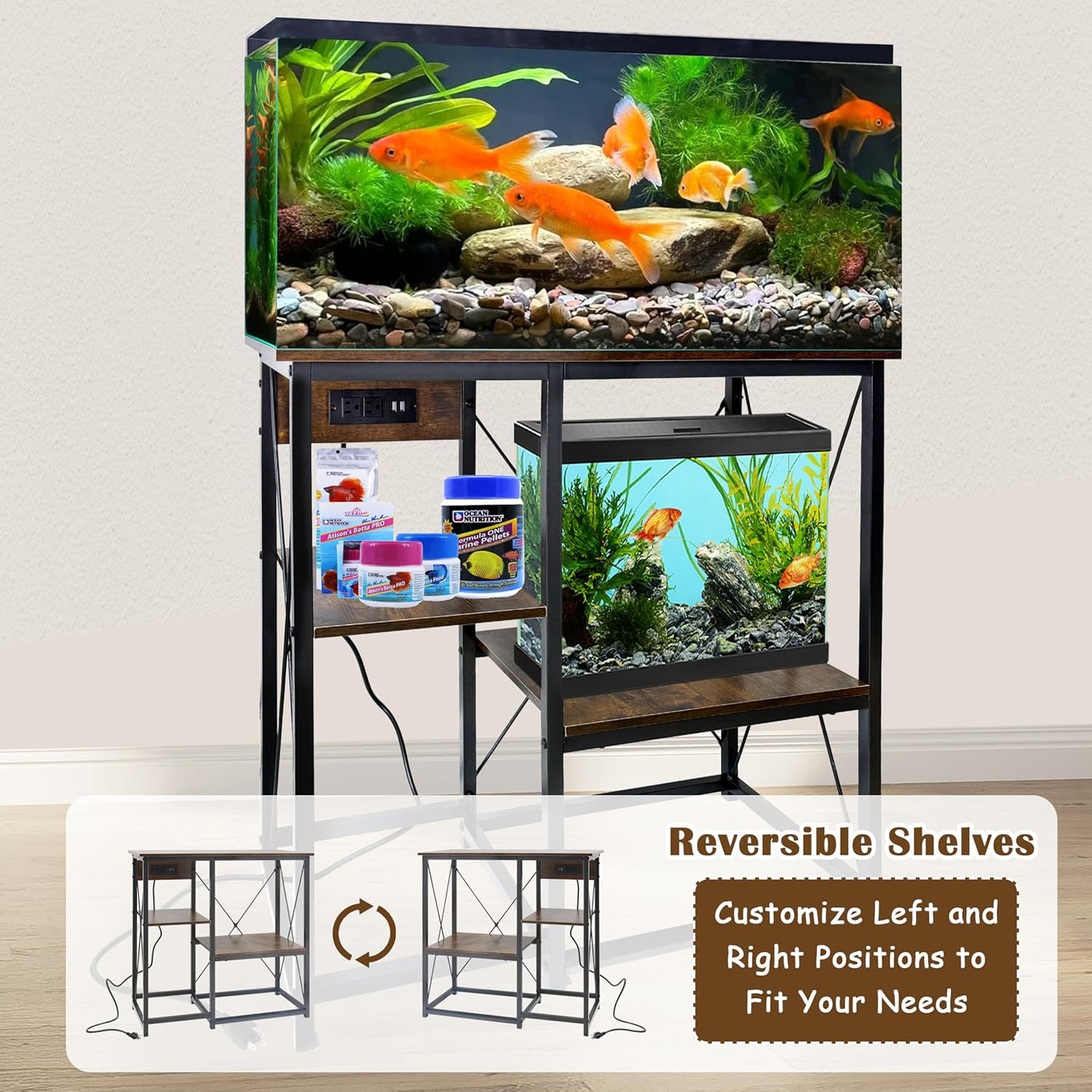 20-37 Gallon Fish Tank Stand with Power Outlet, 30.7"x13.8" Metal Frame Fish Stand, 3-Tier Wood Aquarium Stand, 400LBS Capacity Reptile Terrarium Stand