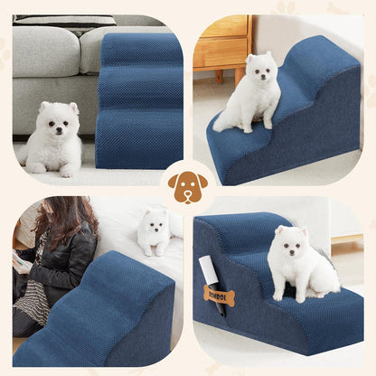 Romrol Dog Stairs Ramp for Beds Couches, Extra Wide Pet Steps with Durable Non-Slip Waterproof Fabric Cover, Dog Slope Stairs for Small Dogs and Cats or Pets Friendly, 3-Tiers, 13 Inch,Dusty Blue - Pawvie