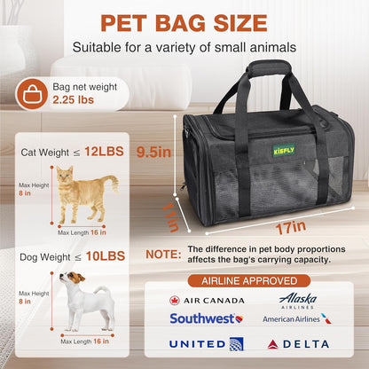 Airline Approved Cat and Small Dog Carrier – Soft-Sided, Foldable Under-Seat Travel Bag for Pets up to 12 lbs (17"x11"x9.5"), Top-Loading, Scratch-Resistant Mesh, Black