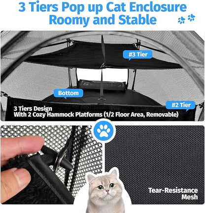 EighteenTek® Catio Outdoor Cat Enclosure 3-Tier Pop up Cat Tent Playpen | Portable Kitten Catio Tower | Pet Playpen Indoor/Outdoor Cats Enclosed | Play Tents for Patio Balcony Courtyard Camping