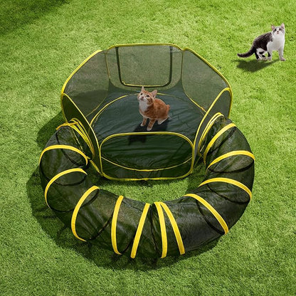 VIVOHOME Outdoor Cat Enclosures 2-in-1, Portable Catio w/Cat Tent, Circle Playpen Tunnel, for Kitty and Small Animals,w/Storage Bag Removable Bottom