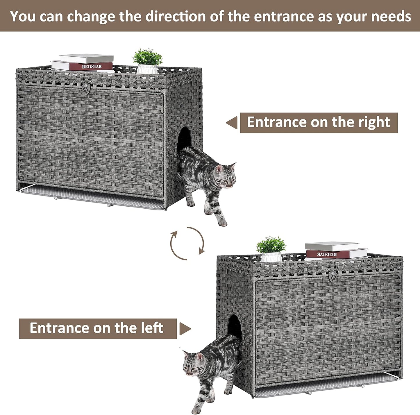 Cat Litter Box Enclosure with Soft Litter Mat; Hidden Kitten Washroom Furniture with Door; Handwoven Rattan Cat House with Large Space; Pet Crate for Living Room, Bedroom, Balcony (Grey)