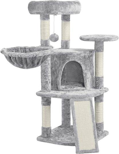 Topeakmart 42in Cat Tree Tower for Indoor Cats, Cat Condo with Perch & Hammock, Activity Center, Multi-Level Cat Furniture with Scratching Posts, Cat House, Light Gray
