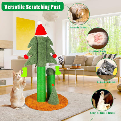 32” Cat Scratching Post, Tall Christmas Tree Cat Scratcher with 3 Posts and Cute Dangling Teaser Balls, Natural Sisal Rope Cat Toys for Kitty and Adult Cats