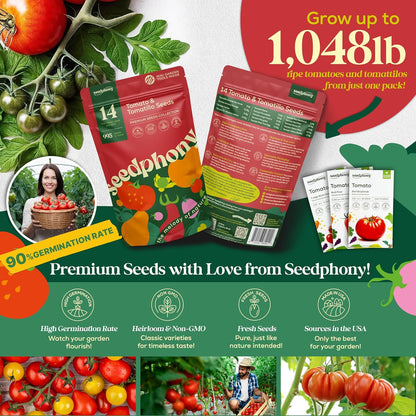14 Tomatillo & Tomato Seeds for Planting Variety Pack - 990+ Non-GMO Heirloom Vegetable Seeds for Growing Tomato Indoor & Outdoor: Cape Gooseberry, Cherry, Flame, Roma, Beefsteak Tomatoes