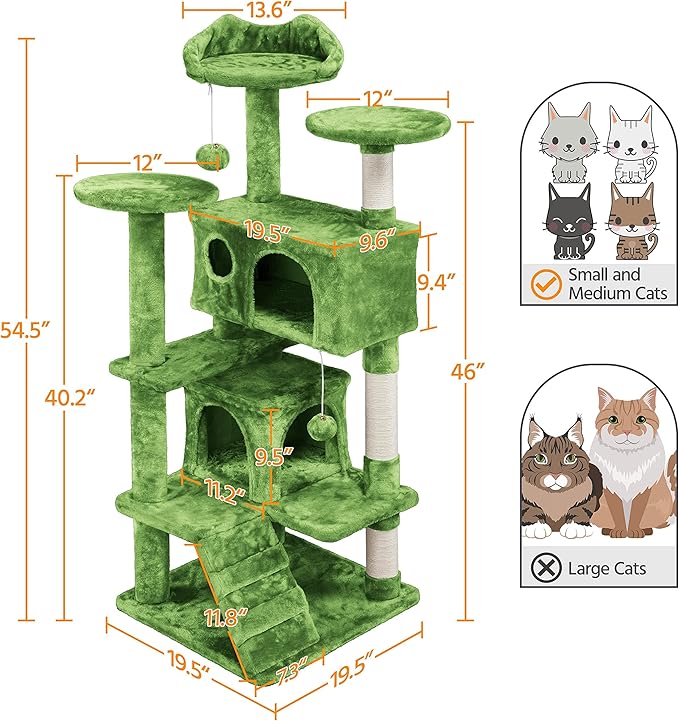 Yaheetech 54in Cat Tree, Cat Tower with Large Condo Sisal Scratching Posts and Dangling Balls, Pet Furniture for Kitten, Green