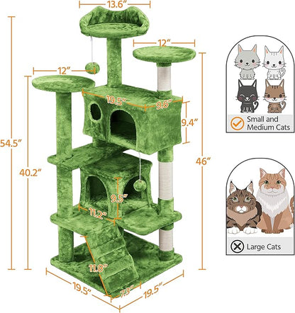 Yaheetech 54in Cat Tree, Cat Tower with Large Condo Sisal Scratching Posts and Dangling Balls, Pet Furniture for Kitten, Green