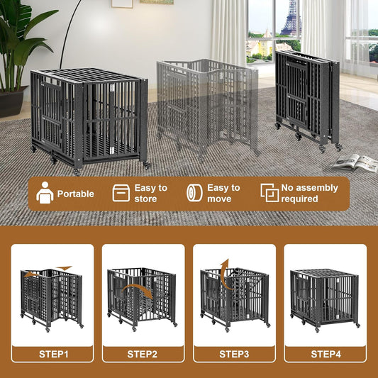 Polar Aurora Heavy Duty Dog Crate, Foldable Indestructible Dog Kennel, Escape Proof Extra Large Dog Cage with Lockable Wheels, High Anxiety Pet Playpen with Double Door for Indoor/Outdoor Use. (60in)