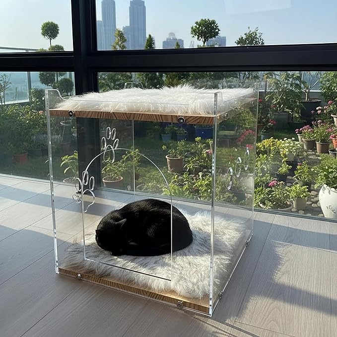 Cozy Double Layer Clear Wood Cat House for Indoor Cat Bed and Small Dog Bed - Soft Blanket Acrylic Square Design, Perfect Pet Necessities