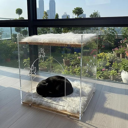Cozy Double Layer Clear Wood Cat House for Indoor Cat Bed and Small Dog Bed - Soft Blanket Acrylic Square Design, Perfect Pet Necessities