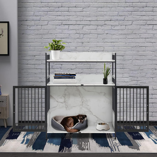 MCombo Furniture Style Dog Crate with Storage Shelves, Heavy Duty Wooden Dog Cage End Table, Triple Doors Pet House Indoor, 1368 (White)