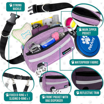 PetAmi Hands Free Dog Leash, Dog Running Leash Belt for Walking Jogging, Dog Waist Zipper Pouch Fanny Pack with Poop Bag Dispenser, Dual Padded Handle Bungee Leash for Small Medium Large Dogs, Double