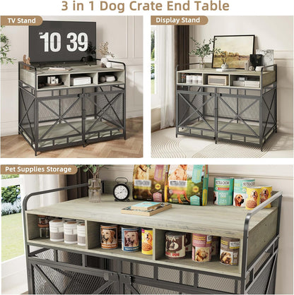 Dog Crate Furniture, 43" Heavy Duty Wooden Dog Crate End Table, XL Dog Kennel Furniture Large Breed, Decorative Dog Kennel Indoor with 3 Drawers & Steel Tubes 43" L x28 W x36 H (Grey)