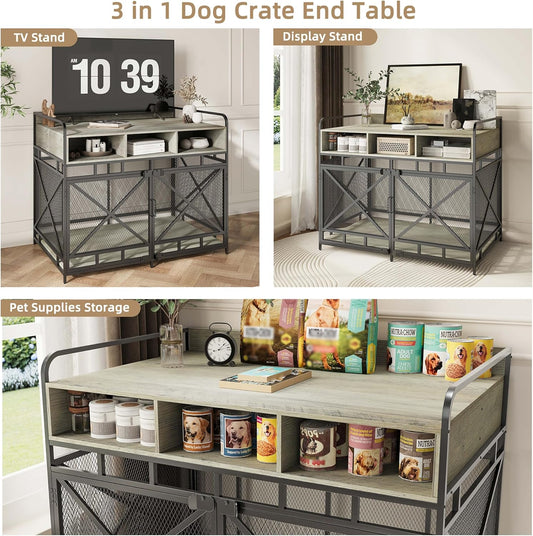Dog Crate Furniture, 43" Heavy Duty Wooden Dog Crate End Table, XL Dog Kennel Furniture Large Breed, Decorative Dog Kennel Indoor with 3 Drawers & Steel Tubes 43" L x28 W x36 H (Grey)