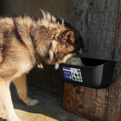 Goovilla Large Feed Trough, Hanging or Screw-in Fence Feeder with Clips, 2 Pack 9 Quart Goat Feeder Supplies, Dog Horse Hog Pig Livestock Poultry Plastic Feeder Trough Bucket for Large Animal, Black