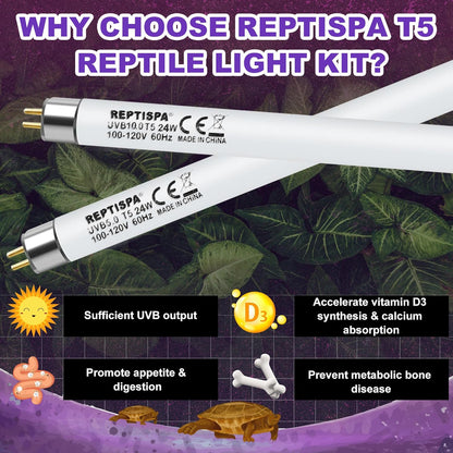 10.0 UVB Light for Reptiles, T5 HO 24 Watt Reptile Lamp Tube, Pack of 2 Fluorescent UVB Bulb, Basking Light for Bearded Dragon, Simulate Natural Sunlight for Reptiles and Amphibians