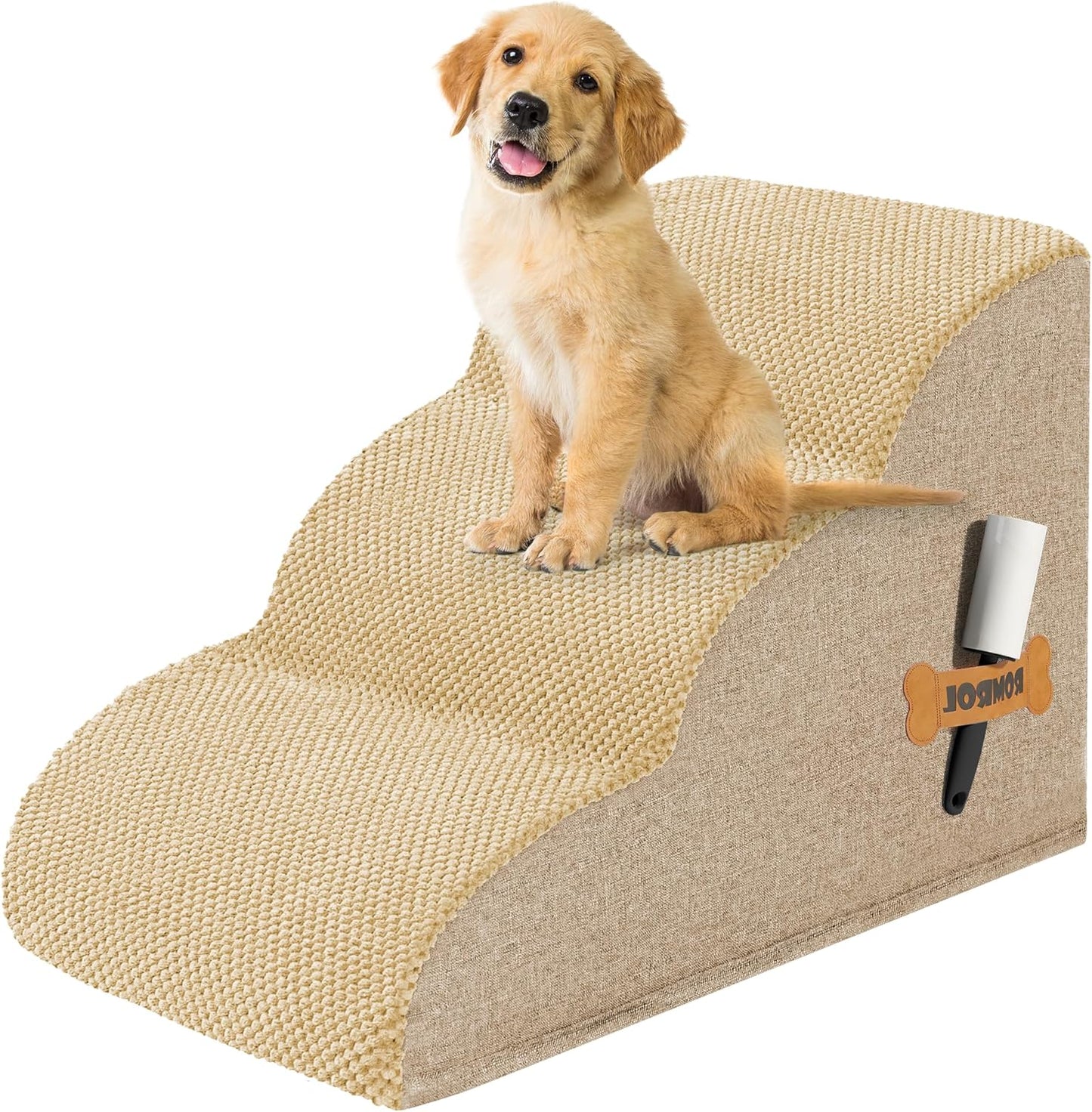 Romrol Dog Stairs Ramp for High Beds Couches, High Density Foam Pet Steps with Durable Non-Slip Waterproof Fabric Cover, Dog Stairs for Small Dogs or Cats or Pets, 3-Step,15 Inch,Beige - Pawvie