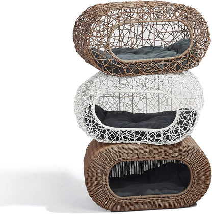 Fun Stackable Wicker Cat Hideaway House - Interactive Play Rattan Cat House for Indoor Cats Kitty, Pet Friendly Top/Side House Entry, Cat Bed Enclosed
