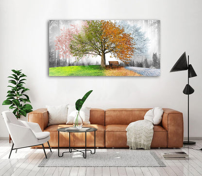 Jiuqinghua Canvas Prints Wall Art Decor Large Four Seasons Tree Picture 1 Panel Spring Summer Autumn Winter Tree Painting Artwork for Dining Room Kitchen Home Decor Stretched and Framed Ready to Hang