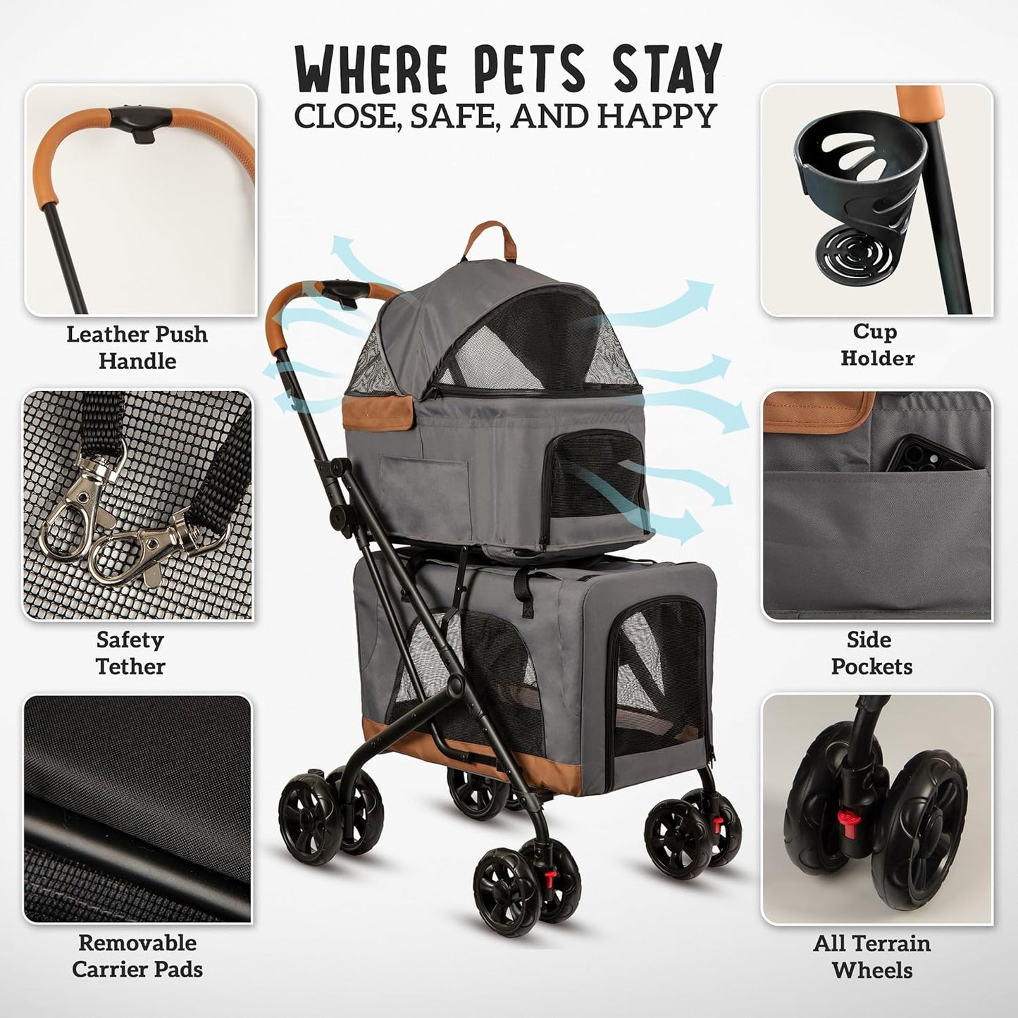 Double Pet Stroller with Detachable Carriers - Ideal for 2 Dogs or Cats - Compact & Convenient Design - Easy Assembly Double Dog Stroller - Graphite Gray - Pawvie