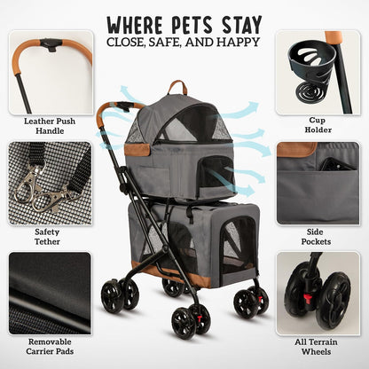 Double Pet Stroller with Detachable Carriers - Ideal for 2 Dogs or Cats - Compact & Convenient Design - Easy Assembly Double Dog Stroller - Graphite Gray - Pawvie