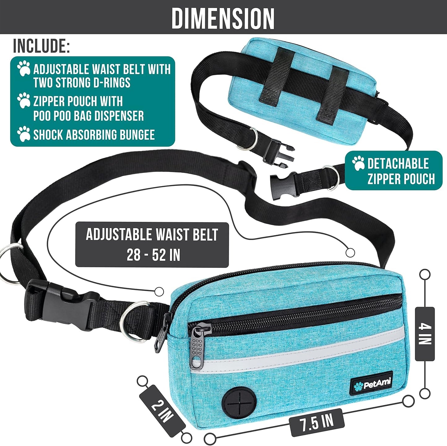 PetAmi Hands Free Dog Leash, Running Leash Belt for Walking, Jogging, Waist Zipper Pouch with Poop Bag Dispenser, Dual Padded Handles, Reflective Durable Bungee Single, Turquoise, 1