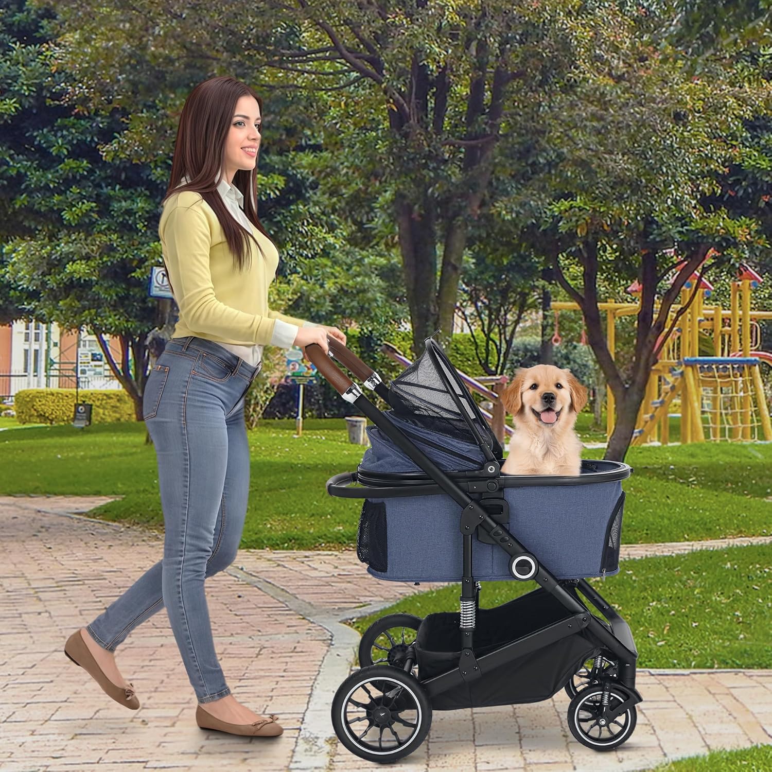 Pet Stroller with 4 Wheels, 3 in 1 Folding Puppy Strollers for Small/Medium Dogs Cats up to 50lbs, Lightweight Pet Travel Carrier with Detachable Cushion, Storage Basket and Cup Holder, Blue - Pawvie
