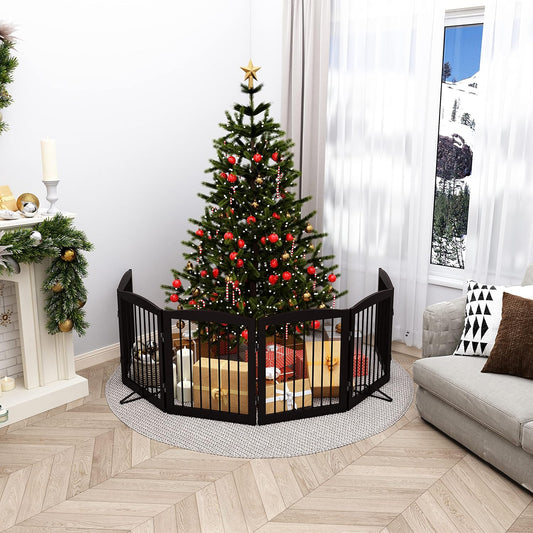 Freestanding Pet Gate for Dogs, Foldable Wooden Dog Gate for House, Extra Wide Indoor Pet Barrier for Stair, Doorway, Hall, Support Feet Included, 120 Inch Wide, 6 Panels 24", Brown