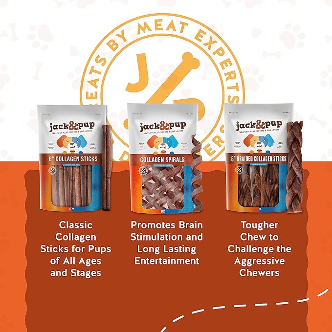 Jack&Pup 12" Braided Beef Collagen Sticks for Dogs - Rawhide Free Dog Chews Long Lasting Collagen Chews for Dogs - Bully Sticks Alternative (8 Pack)