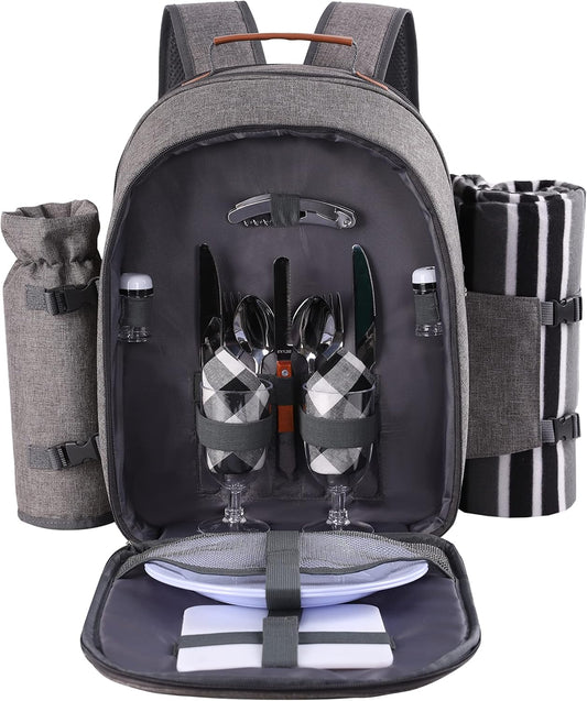 Apollo Walker Picnic Backpack Set for 2 Person with Cooler Compartment, Detachable Bottle/Wine Holder, Fleece Blanket, Plates and Cutlery Set