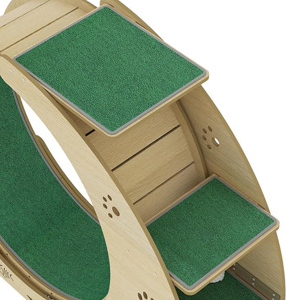 Cat Running Wheel for Indoor Cats, Large 6-in-1 Cat Treadmill with Bowls, Scratch Post & Resting House, Quiet Cats Wheel Exerciser for Kitty Fitness Wood Color