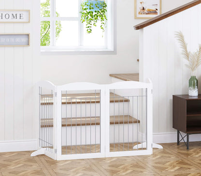 Spirich Free Standing Foldable Wire Pet Gate for Dogs, 80 Inches Extra Wide, 30 Inches Tall 4 Panels Dog Gate for The House, Doorway, Stairs, Pet Puppy Safety Fence, Sliver White