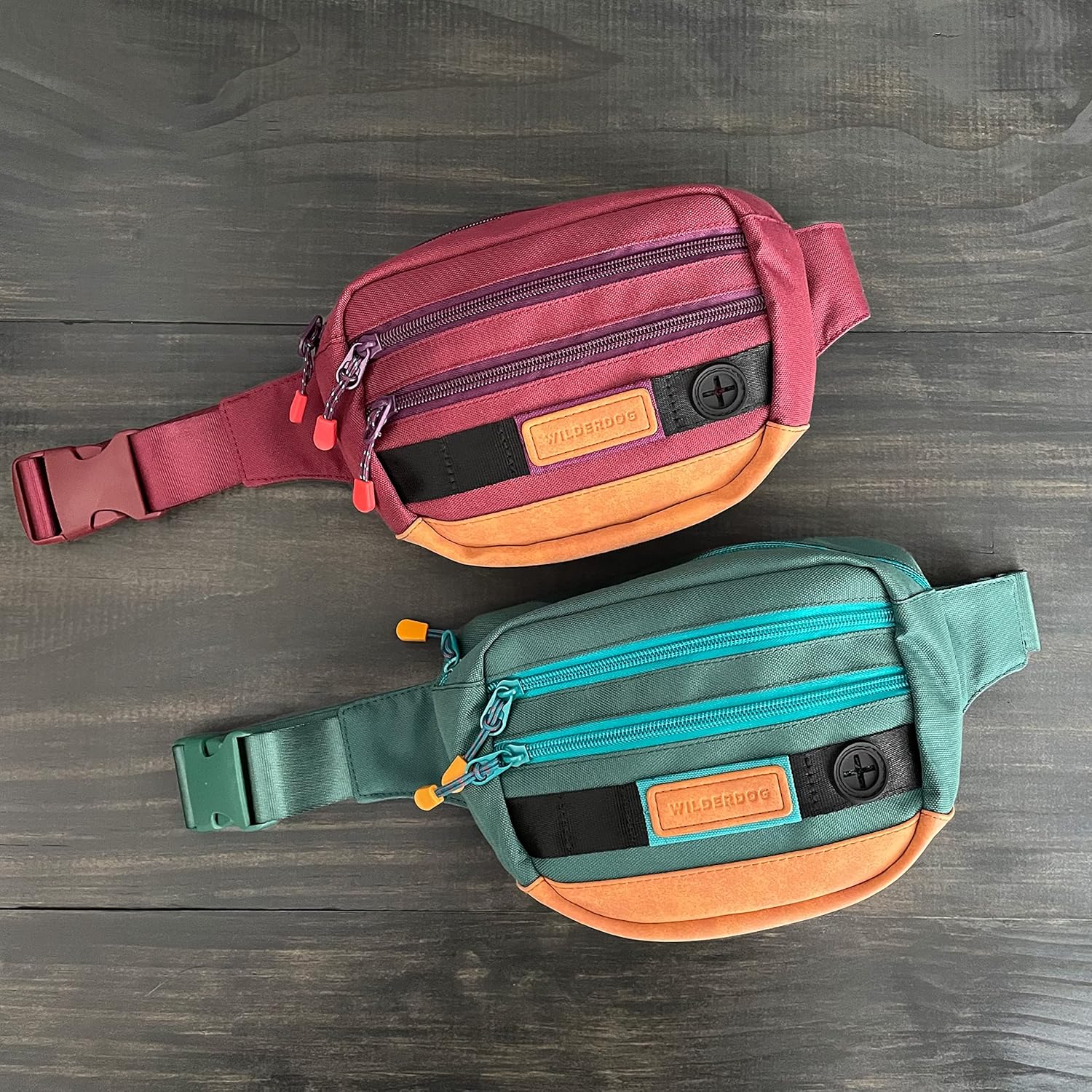 Wilderdog Utility Fanny Pack stores Treats, Balls, Keys in 3 Pockets with adjustable strap and Poop Bag dispenser (Huckleberry) - Pawvie
