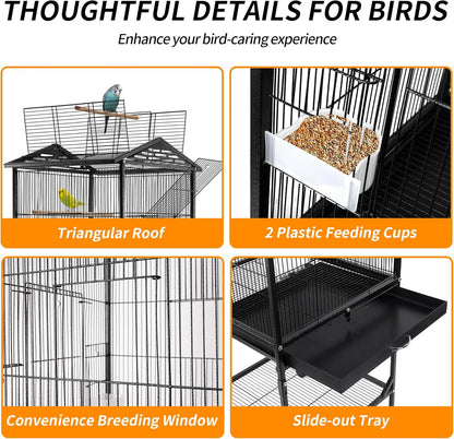 Bird Cage 47 inch Wrought Iron Parakeets Cage with Play Open Top and Rolling Stand Medium Small Bird Cage for Parrots, Budgerigars, Parakeets, Cockatiels, Lovebirds