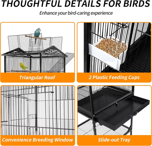 Bird Cage 47 inch Wrought Iron Parakeets Cage with Play Open Top and Rolling Stand Medium Small Bird Cage for Parrots, Budgerigars, Parakeets, Cockatiels, Lovebirds